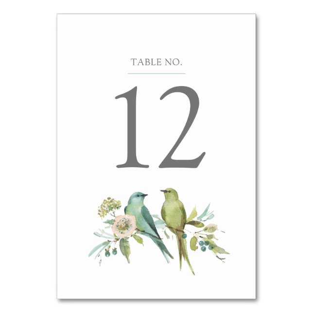 Tarjeta De Mesa Aves verdes azules Boda de acuarela botánica (Anverso)