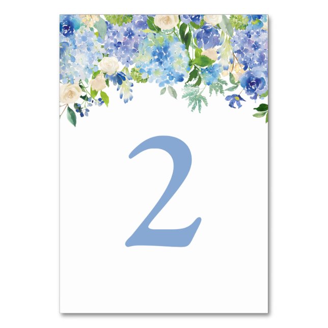 Tarjeta De Mesa Azul acuarela hidrangea Ducha Números de tabla (Anverso)