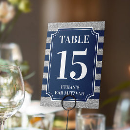 Tarjeta De Mesa Azul, Barra Gris A Rayas Mitzvah