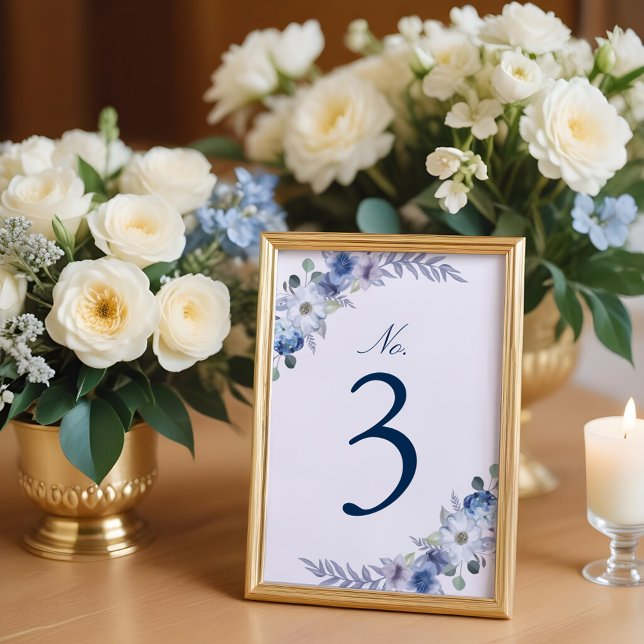 Tarjeta De Mesa Azul francés y agua de lavanda Floral blanco (French Blue & Lavender Watercolor Floral White Table Number)