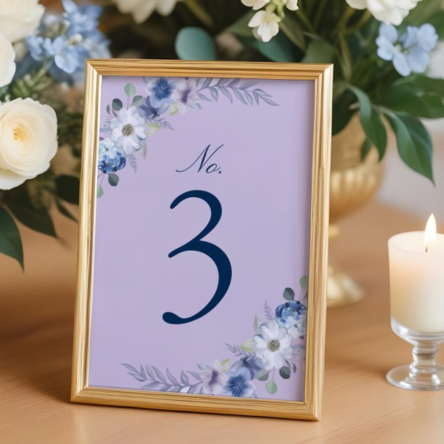 Tarjeta De Mesa Azul Francés y Floral de Acuarela Lavanda (French Blue & Lavender Watercolor Floral Lavender Table Number)