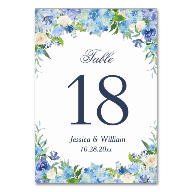 Tarjeta De Mesa Azul Hidrangea Verde Boda Número de tabla (Anverso)