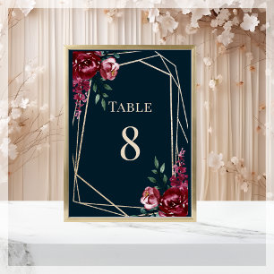 Tarjeta De Mesa Azul Marino Boda floral de Borgoña