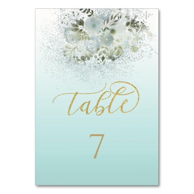 Tarjeta De Mesa Azul purista ombre floral romántico caligrafía dor (Anverso)