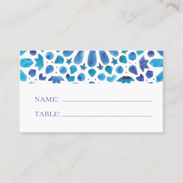Tarjeta De Mesa Azulejo Boho Aquarela Azul (Anverso)