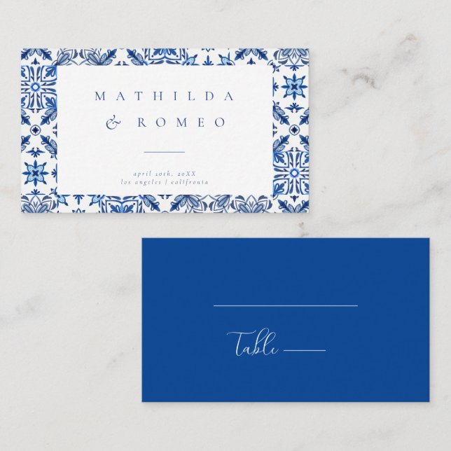 Tarjeta De Mesa Azulejos mediterráneos azules y Boda de cítricos (Anverso / Reverso)
