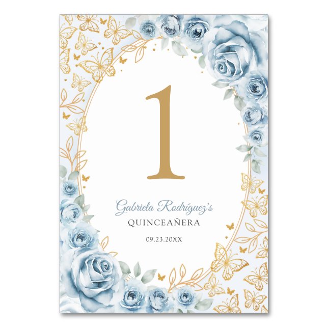 Tarjeta De Mesa Baby Blue Gold Floral Quinceanera (Anverso)