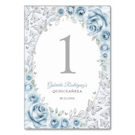 Tarjeta De Mesa Baby Blue Silver Floral Quinceanera