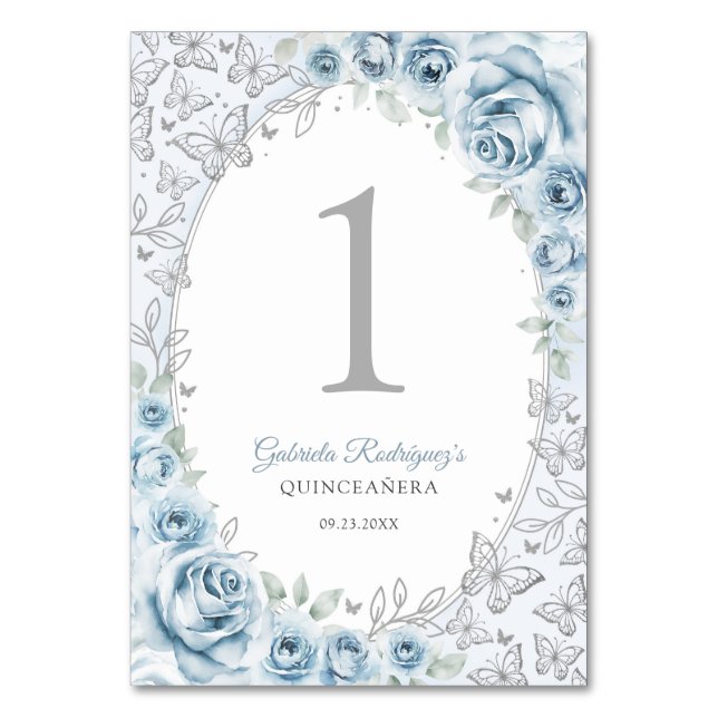 Tarjeta De Mesa Baby Blue Silver Floral Quinceanera (Anverso)