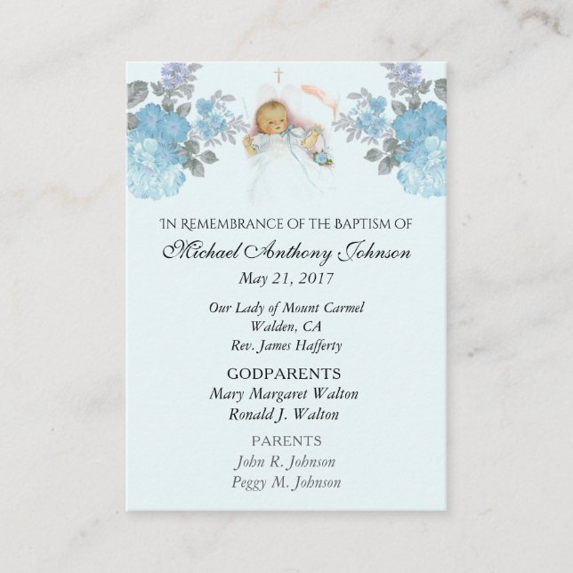 Tarjeta De Mesa Baby Boy Baptismal Remembernación Sagrada (Anverso)