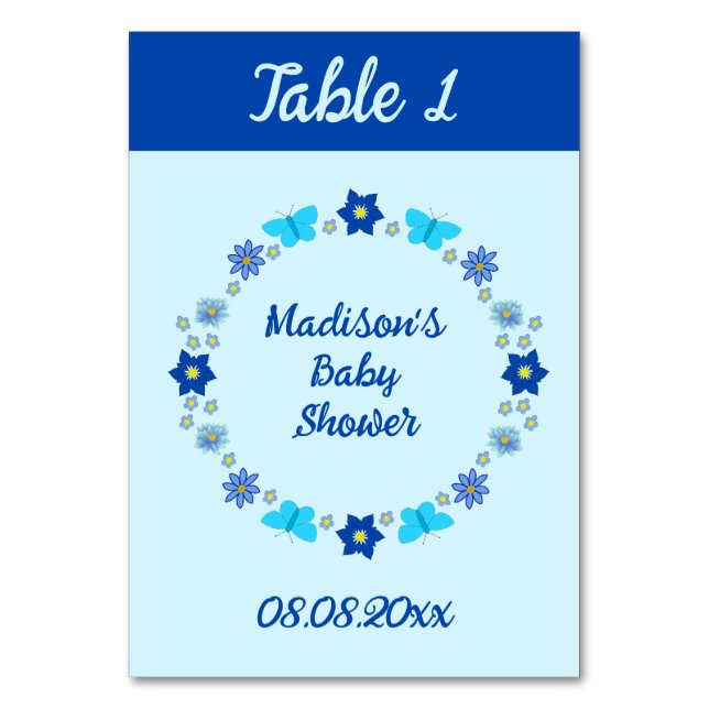 Tarjeta De Mesa Baby Shower Blue Baby Boy Butterflies and Flowers (Anverso)