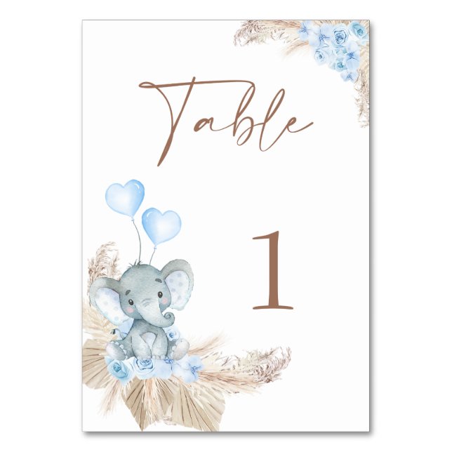 Tarjeta De Mesa Baby Shower de Blue Boho Floral Elephant (Anverso)