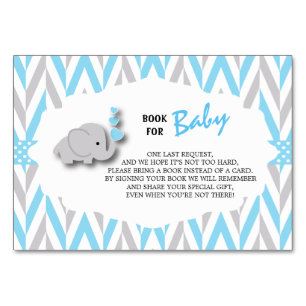 Tarjeta De Mesa Baby Shower de Elefante Azul y Gris Traer un lib