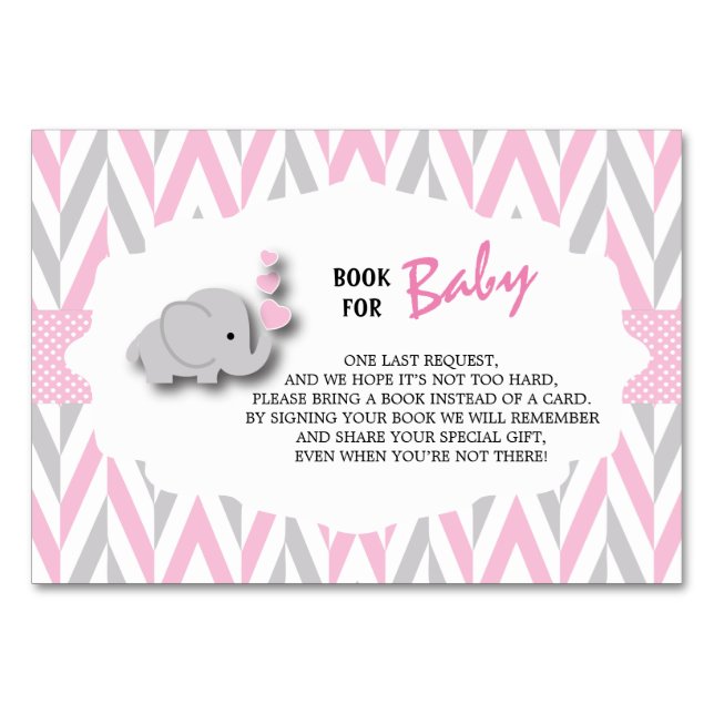 Tarjeta De Mesa Baby Shower de Elefante Rosa y Gris | Traer un lib (Anverso)