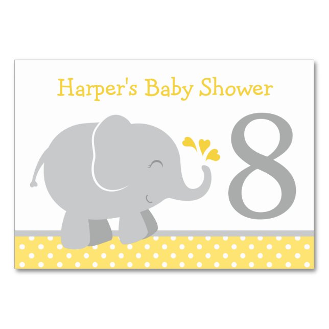 Tarjeta De Mesa Baby Shower moderno de elefantes amarillos y grise (Reverso)