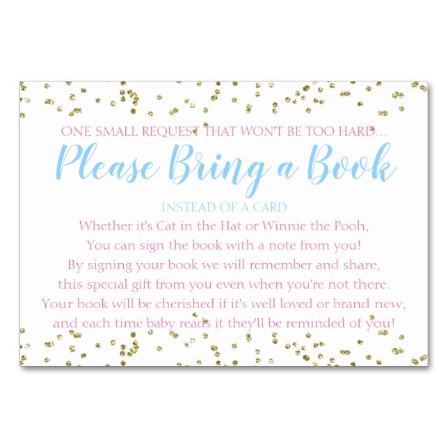 Tarjeta De Mesa Baby Shower Twin Book Request Gold Confetti (Anverso)