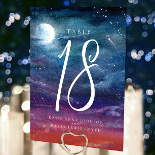 Tarjeta De Mesa Bajo las estrellas noche luna azul naranja boda de