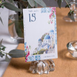 Tarjeta De Mesa Baldosas acuáticas | Boda de Grecia<br><div class="desc">Trae la belleza de la costa del Egeo a las mesas de recepción con estas baldosas acuáticas | Tarjetas de números de tabla Boda de Grecia. Con un ilustracion pintado a mano de las icónicas cúpulas azules de Santorini, flores de buganvillas y motivos de baldosas mediterráneas, estas tarjetas mezclan sin...</div>