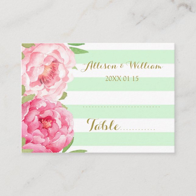 Tarjeta De Mesa Bandas De Mint Pink Floral Table Place Setting Car (Anverso)
