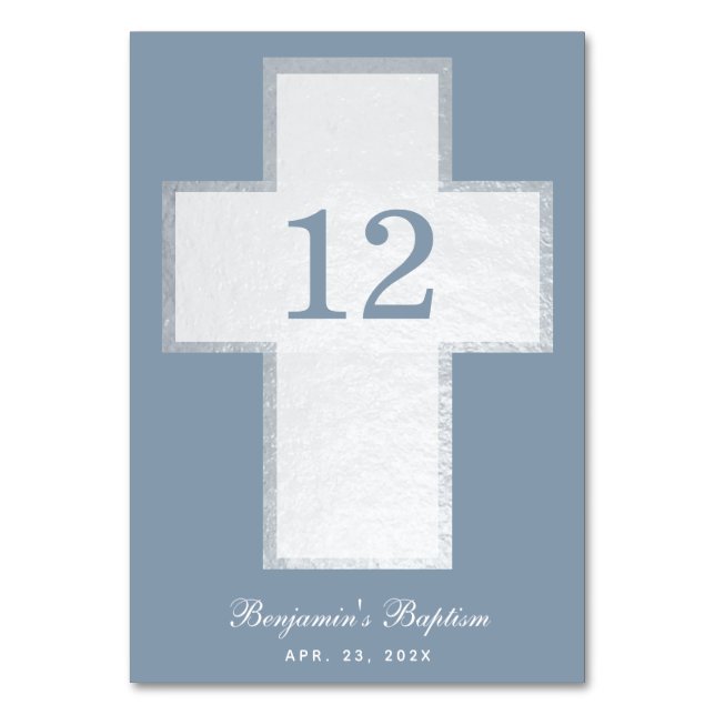 Tarjeta De Mesa Baptism Boy Duste Cruz Blanca Azul Faux Silver (Anverso)