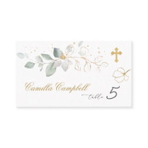 Baptism Green Gold Foliage Place Card