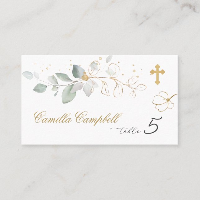Tarjeta De Mesa Baptism Green Gold Foliage Place Card (Anverso)