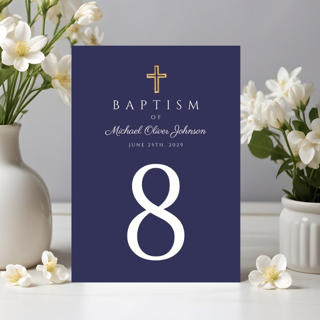 Tarjeta De Mesa Baptismo de travesía religiosa azul de la Marina (Navy Blue Religious Cross Boy Baptism Table Number)