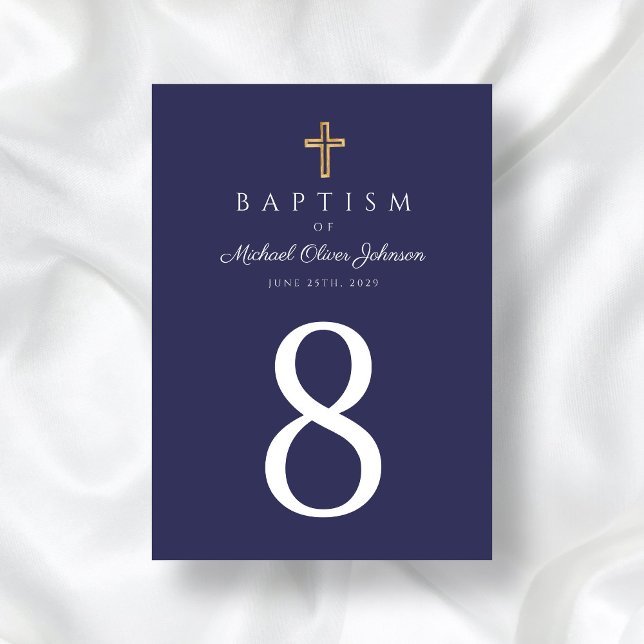 Tarjeta De Mesa Baptismo de travesía religiosa azul de la Marina (Navy Blue Religious Cross Boy Baptism Table Number)