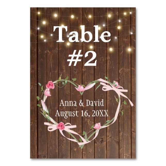 Tarjeta De Mesa Barn Wood Light String con Heart Ribbon (Anverso)