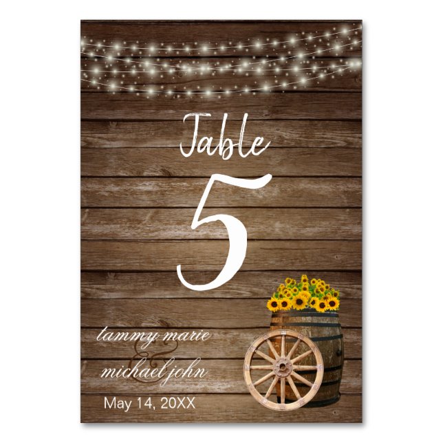 Tarjeta De Mesa Barril de madera rústica, girasoles - número de me (Anverso)