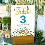 Tarjeta De Mesa Bat Mitzvah Árbol de vida de Relieve metalizado do<br><div class="desc">Ningún fiesta de Bat Mitzvah está completo sin tarjetas de número de tabla personalizadas. Que tu favorita Bat Mitzvah esté orgullosa, se regocije y celebre su hito en su fiesta perfectamente coordinada. Este sofisticado, moda, impresionante, abstracto árbol de Relieve metalizado de oro falso con una estrella de David brillante, turquesa,...</div>