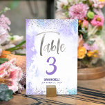 Tarjeta De Mesa Bat Mitzvah Morple Watercolor Plata Purpurina Girl<br><div class="desc">Ningún fiesta de Bat Mitzvah está completo sin tarjetas de número de tabla personalizadas. Que tu favorita Bat Mitzvah esté orgullosa, se regocije y celebre su hito en su fiesta perfectamente coordinada. Impresionante, moderno, brillante Relieve metalizado de imitación de plata manuscrito y pequeños puntos superponen un fondo de color morado...</div>
