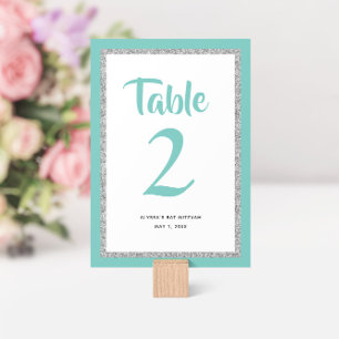 Tarjeta De Mesa Bat Mitzvah Purpurinoso Verde azulado y plateado