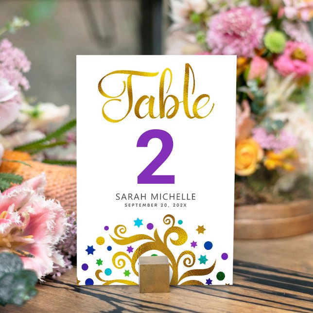 Tarjeta De Mesa Bat Mitzvah Relieve metalizado dorado púrpura mode (Subido por el creador)