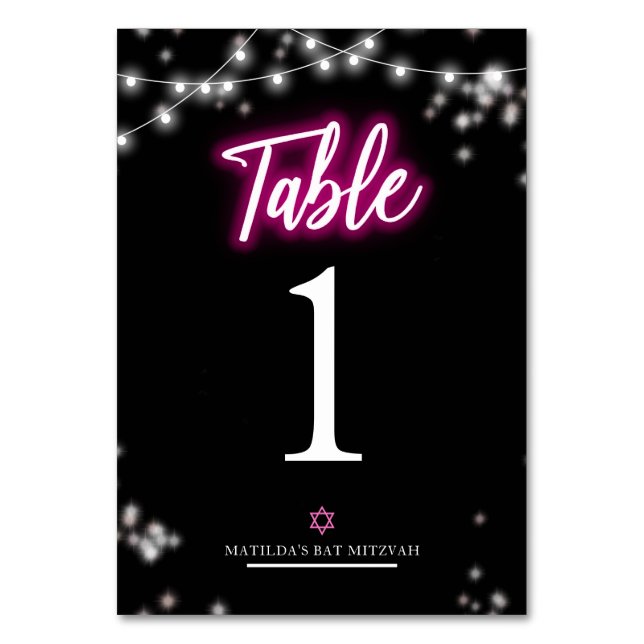 Tarjeta De Mesa Bat Mitzvah Tema Neon Rosa Fuerte (Anverso)