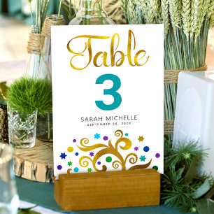 Tarjeta De Mesa Bat Mitzvah Turquesa Blanco Hoja de Oro Árbol de l