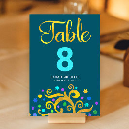 Tarjeta De Mesa Bat Mitzvah Verde azulado Relieve metalizado dorad