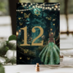 Tarjeta De Mesa Bat Mitzvah vestido verde de esmeralda de los bosq<br><div class="desc">Personalice esta tarjeta de número de tabla de Bat Mitzvah de forma fácil y rápida. Simplemente haga clic en el botón Editar usando herramientas de diseño para editar el texto, cambiar estilos de fuente y colores de fuente. Con un chica vestido con un vestido verde esmeralda y un fondo forestal...</div>