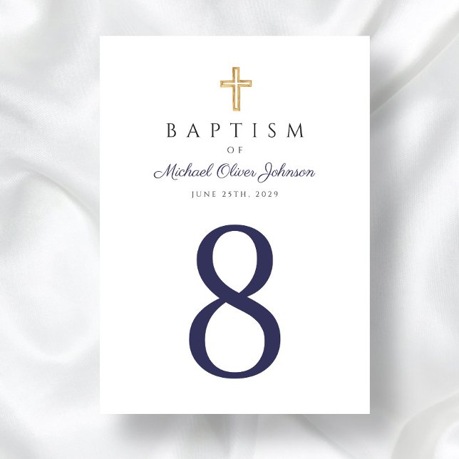 Tarjeta De Mesa Bautismo de niño azul de la cruz religiosa (Religious Cross Navy Blue Boy Baptism Table Number)
