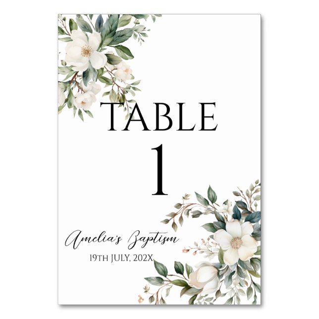 Tarjeta De Mesa Bautismo floral verde sabio (Anverso)