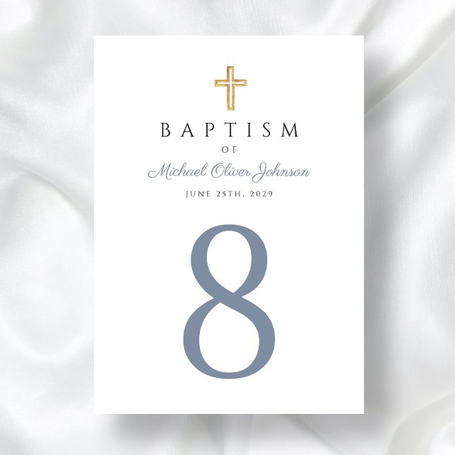 Tarjeta De Mesa Bautismo religioso de chico azul (Religious Cross Blue Boy Baptism Table Number)