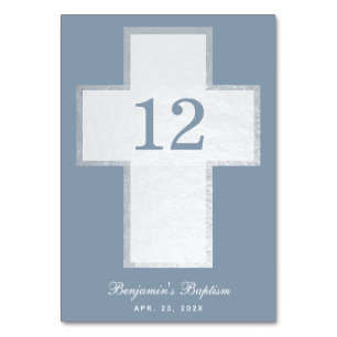Tarjeta De Mesa Bautizo Niño Azul Polvo Cruz Blanca Falso Plata
