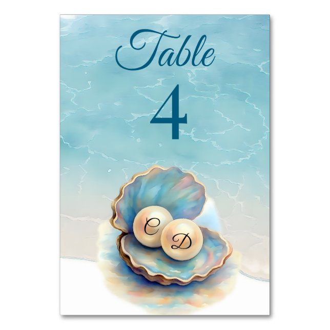Tarjeta De Mesa Beach Wedls Pearls Shell elegante tema del océano (Anverso)