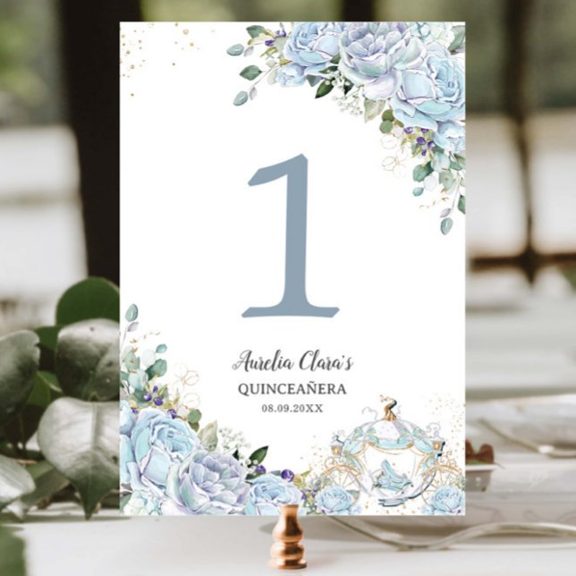 Tarjeta De Mesa Bebé Azul Floral Princesa Carriage Quinceanera 16 (Subido por el creador)