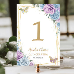 Tarjeta De Mesa Bebé Blue Lilac Floral Gold Quinceañera Sweet 16