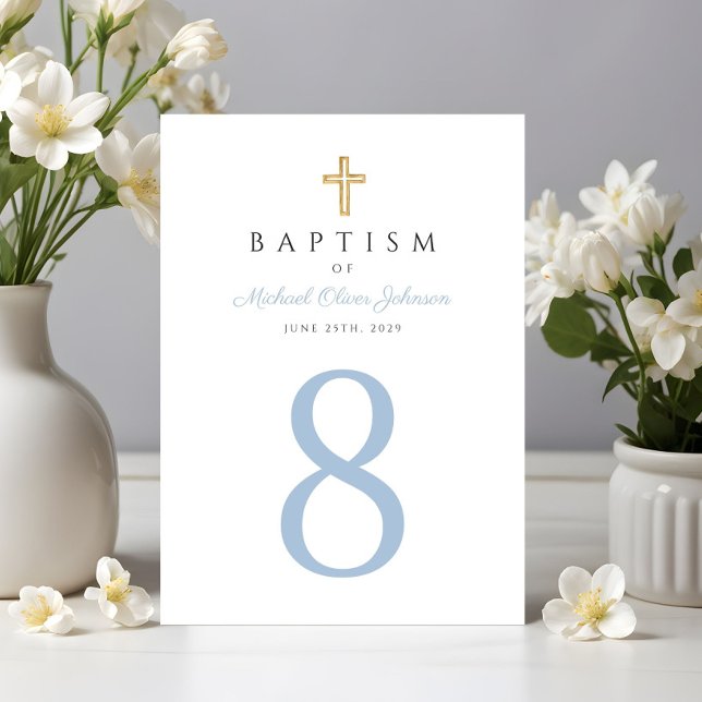 Tarjeta De Mesa Bebé Blue Script Religioso Cross Boy Baptism (Baby Blue Script Religious Cross Boy Baptism Table Number)