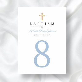 Tarjeta De Mesa Bebé Blue Script Religioso Cross Boy Baptism
