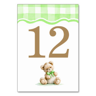 Tarjeta De Mesa Bebé Fiestero de Oso de Peluche y Cuadros Verdes C
