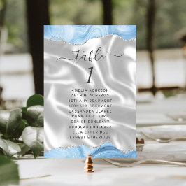 Tarjeta De Mesa Bebé Pastel Azul Plata Agata Blanco Seda Boda