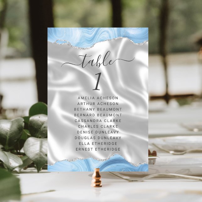 Tarjeta De Mesa Bebé Pastel Azul Plata Agata Blanco Seda Boda (Subido por el creador)